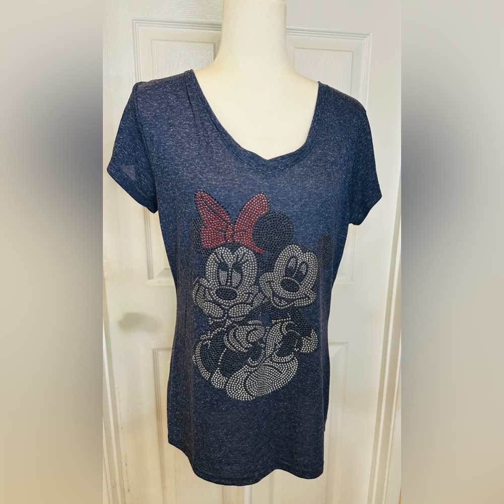 Disney Women's Shirt Top Blue Mickey and Minnie Design Size Large